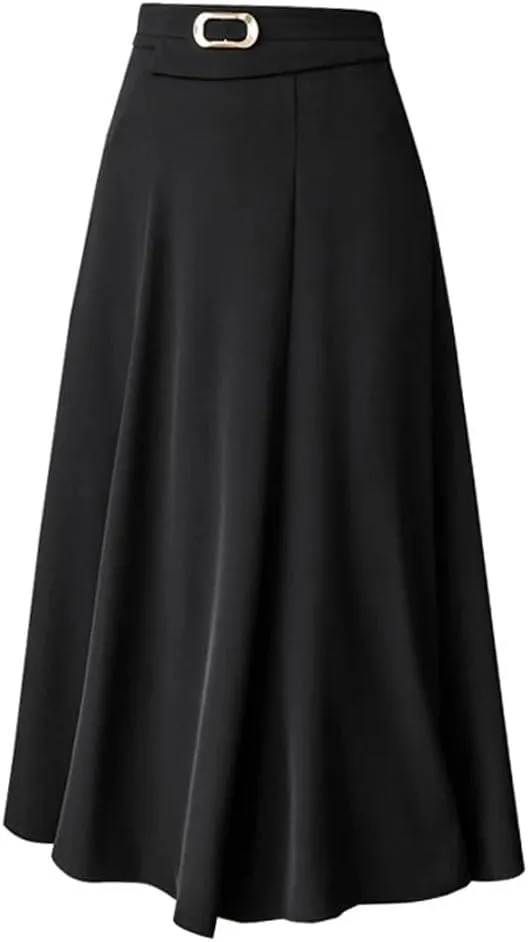 Women Metal Buckle Mid Length Elegant High Waist Casual Mid Calf A-LINE Skirts