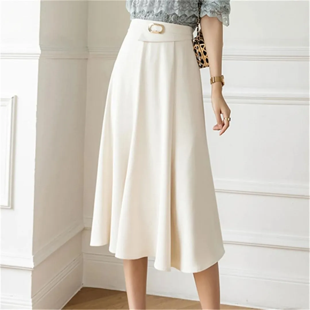 Women Metal Buckle Mid Length Elegant High Waist Casual Mid Calf A-LINE Skirts
