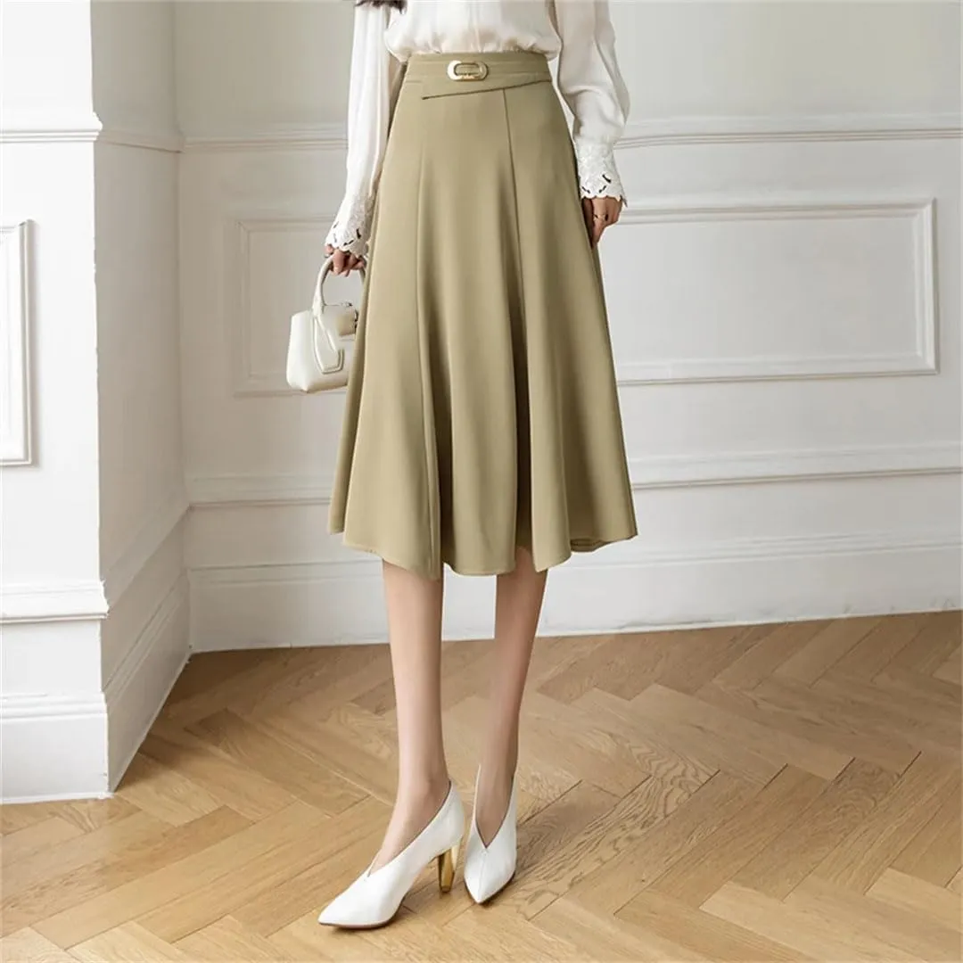 Women Metal Buckle Mid Length Elegant High Waist Casual Mid Calf A-LINE Skirts