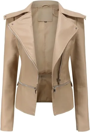 Women Moto Biker Zipper Jacket Spring Faux Leather Jacket Short Crop Coat