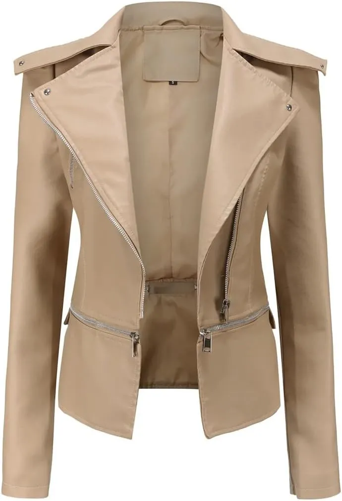 Women Moto Biker Zipper Jacket Spring Faux Leather Jacket Short Crop Coat
