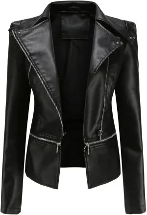Women Moto Biker Zipper Jacket Spring Faux Leather Jacket Short Crop Coat