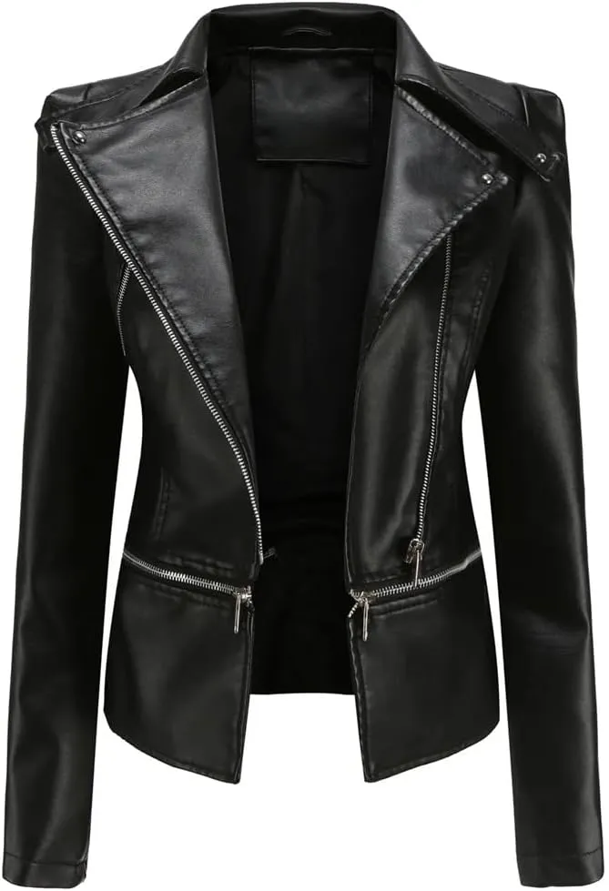 Women Moto Biker Zipper Jacket Spring Faux Leather Jacket Short Crop Coat