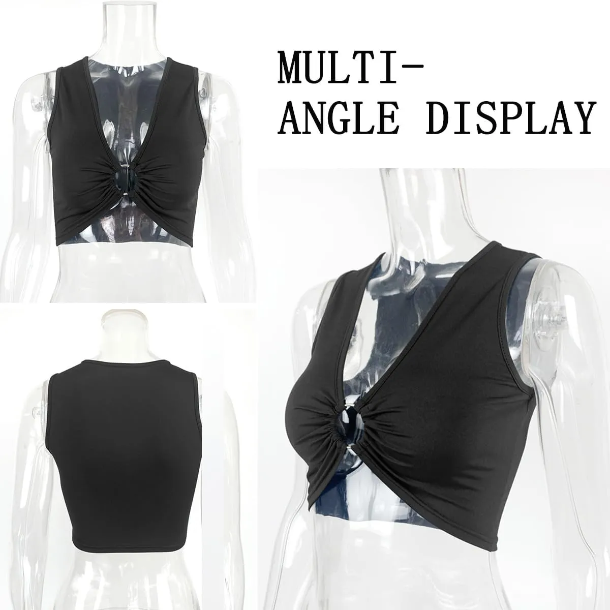 Women Sexy Crop Tops, Deep V Sleeveless Vest Tops Hollow Out Ruched Ring Cropped T-Shirt Summer Camisole Tank Top