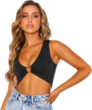 Women Sexy Crop Tops, Deep V Sleeveless Vest Tops Hollow Out Ruched Ring Cropped T-Shirt Summer Camisole Tank Top