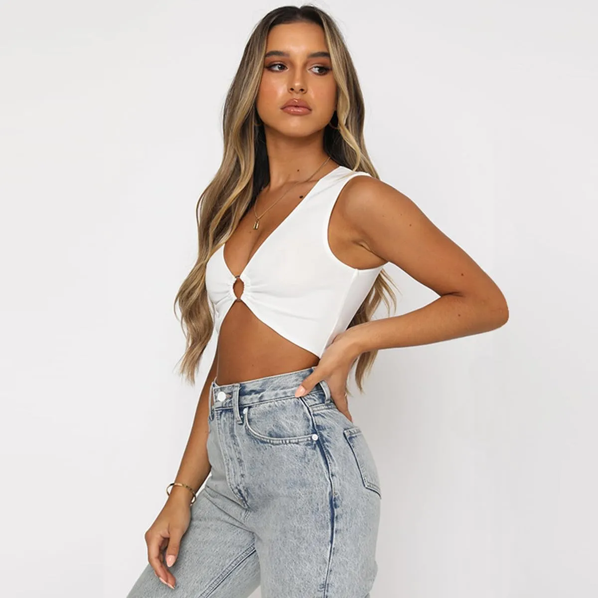 Women Sexy Crop Tops, Deep V Sleeveless Vest Tops Hollow Out Ruched Ring Cropped T-Shirt Summer Camisole Tank Top