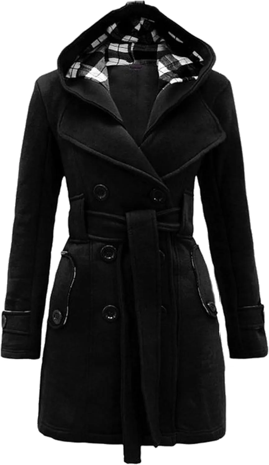 Women Solid Color Long Sleeve Pea Coat Plaid Hooded Double Breasted Outwear Wool Blend Vacation Trench Coat with Belt