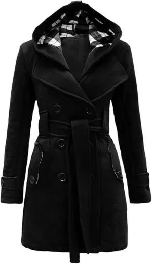 Women Solid Color Long Sleeve Pea Coat Plaid Hooded Double Breasted Outwear Wool Blend Vacation Trench Coat with Belt