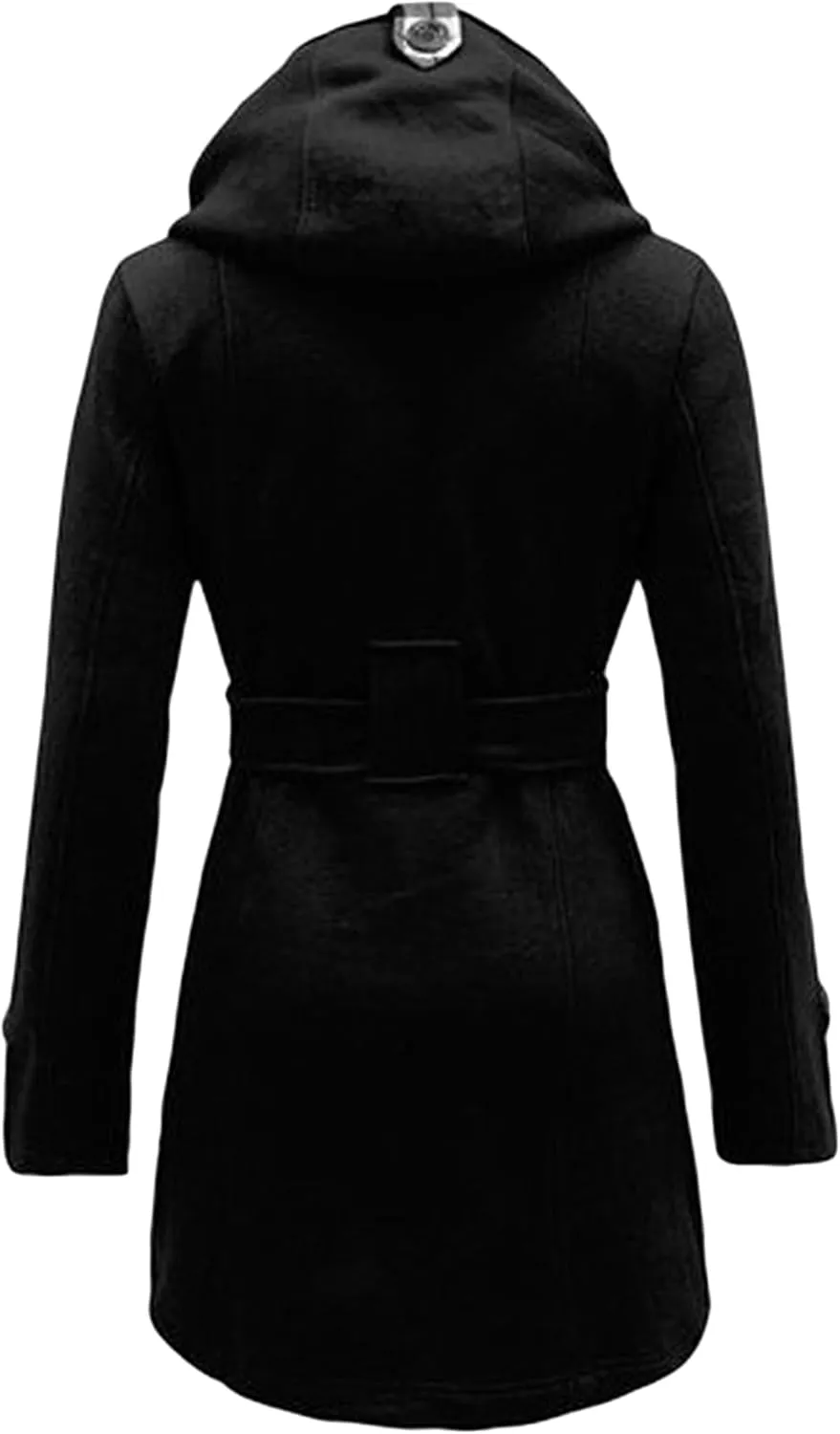 Women Solid Color Long Sleeve Pea Coat Plaid Hooded Double Breasted Outwear Wool Blend Vacation Trench Coat with Belt