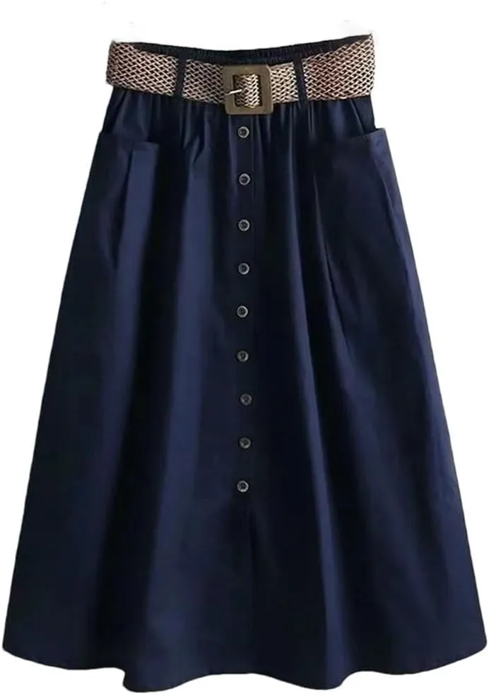 Women Summer Mid Long Skirt Chic Single-Breasted A-Line Elastic High Waist Skirts
