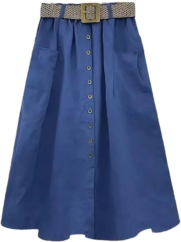 Women Summer Mid Long Skirt Chic Single-Breasted A-Line Elastic High Waist Skirts