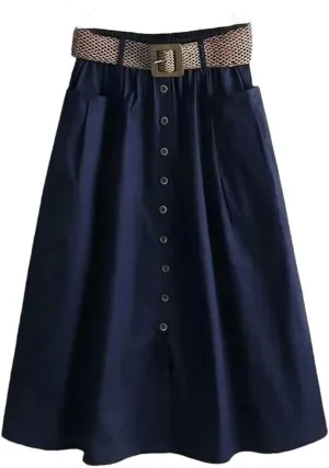 Women Summer Mid Long Skirt Chic Single-Breasted A-Line Elastic High Waist Skirts