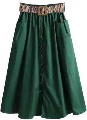 Women Summer Mid Long Skirt Chic Single-Breasted A-Line Elastic High Waist Skirts