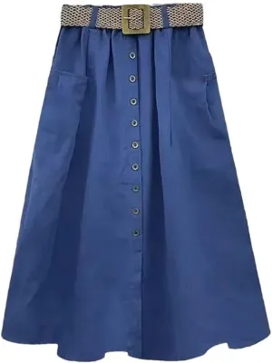 Women Summer Mid Long Skirt Chic Single-Breasted A-Line Elastic High Waist Skirts