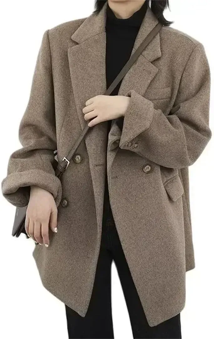 Women Wool Blend Coat Solid Mid Long Woolen Blazer Thick Warm Overcoat Office Lady Wintertops