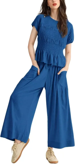 Womens 2-Piece Smocked Top & Wide-Leg Pants SetHigh-Waisted Lounge Outfit with Pockets Casual Boho Matching Set