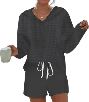 Women's 2025 Spring Fashion Striped 2 Piece Outfits Long Sleeve Sweatsuits Sets Hoodies with Short SweatPants Outfit