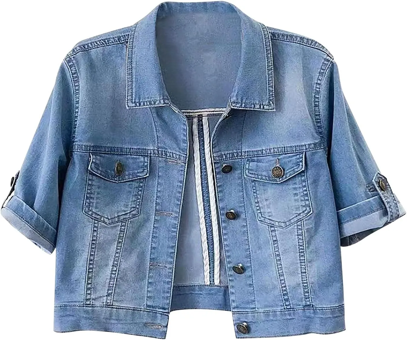 Women's 3/4 Sleeve Colored Cropped Denim Jacket Light Wash Short Jean Jacket Trucker Coat Crop Jackets for Women Denim