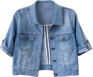 Women's 3/4 Sleeve Colored Cropped Denim Jacket Light Wash Short Jean Jacket Trucker Coat Crop Jackets for Women Denim