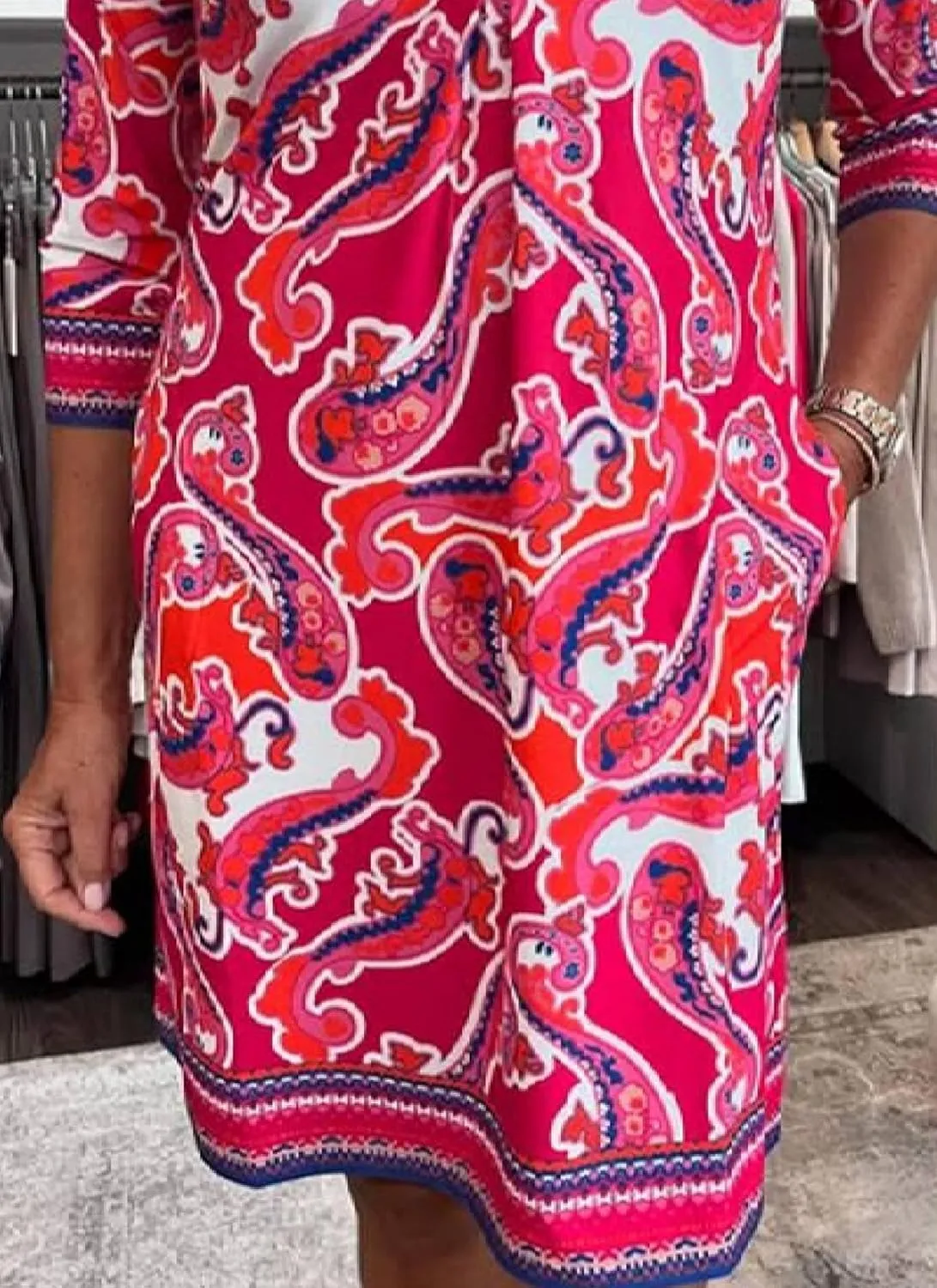 Women's Baby Pink 3/4 Sleeve Boho Mini Dress Paisley Tunic Shift Casual Boho Summer Casual Dress Church Sundress