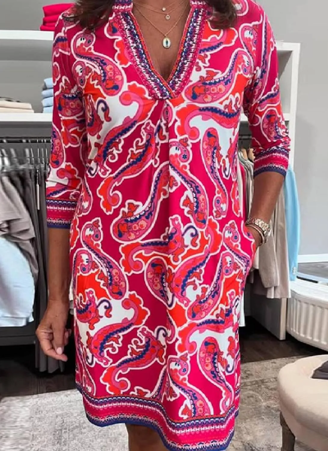 Women's Baby Pink 3/4 Sleeve Boho Mini Dress Paisley Tunic Shift Casual Boho Summer Casual Dress Church Sundress