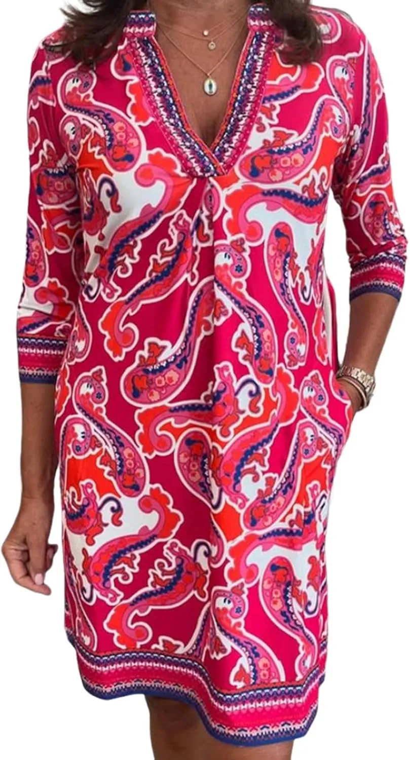 Women's Baby Pink 3/4 Sleeve Boho Mini Dress Paisley Tunic Shift Casual Boho Summer Casual Dress Church Sundress