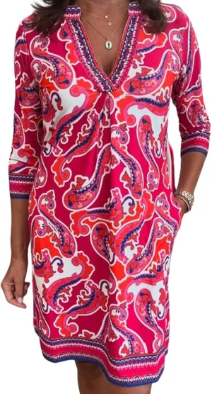 Women's Baby Pink 3/4 Sleeve Boho Mini Dress Paisley Tunic Shift Casual Boho Summer Casual Dress Church Sundress