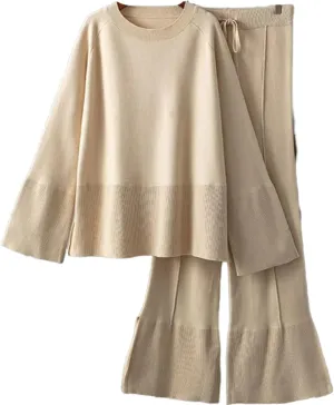 Women's Beige Knit Sweater and Wide Leg Pants Set 2025 Spring Summer Cozy Casual Outfit Lounge Travel Outfit