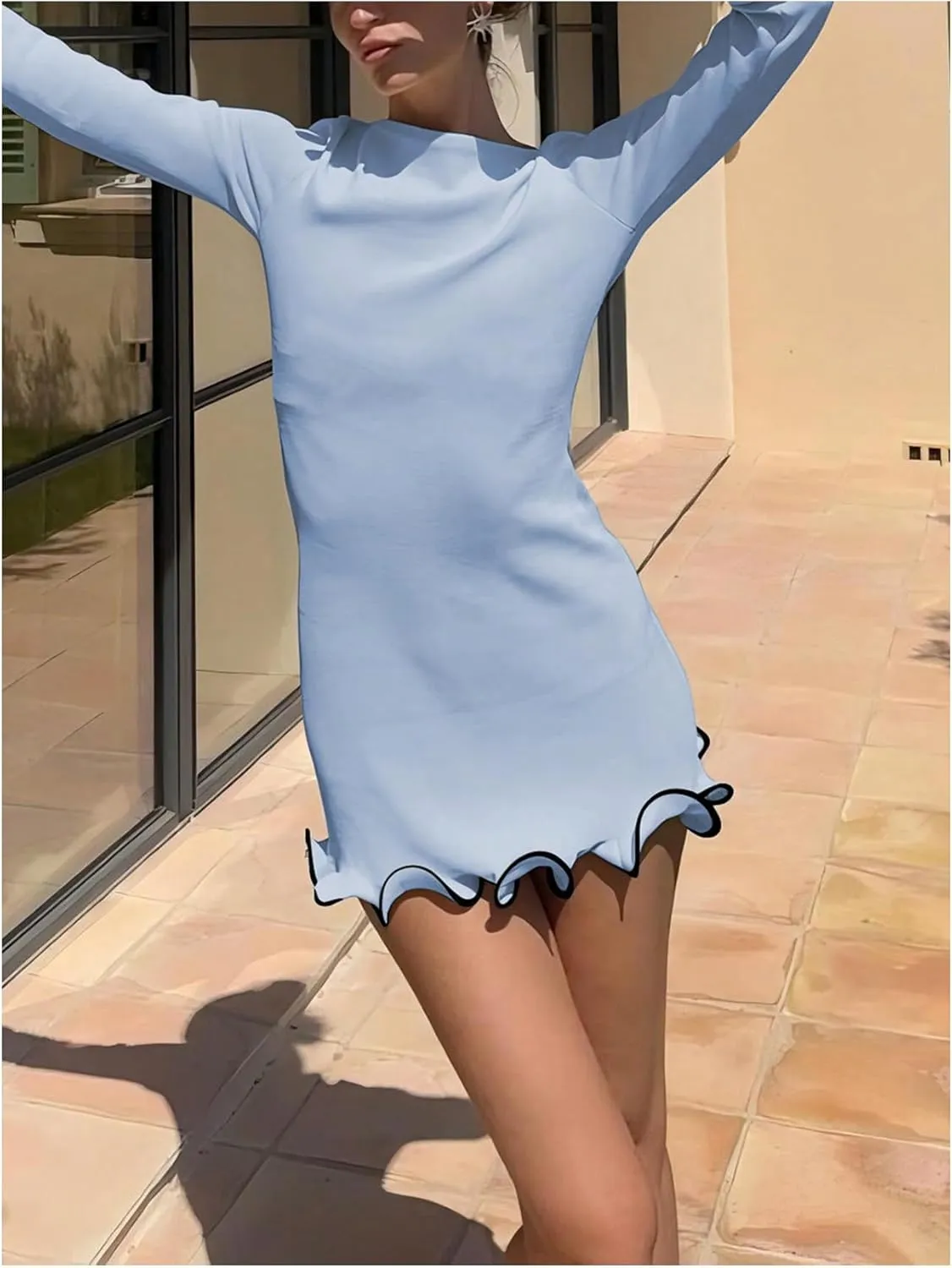 Women's Boat Neck Ruffle Wave Edge Bodycon Pencil Dress Long Sleeve Party Night Out Mini Dresses