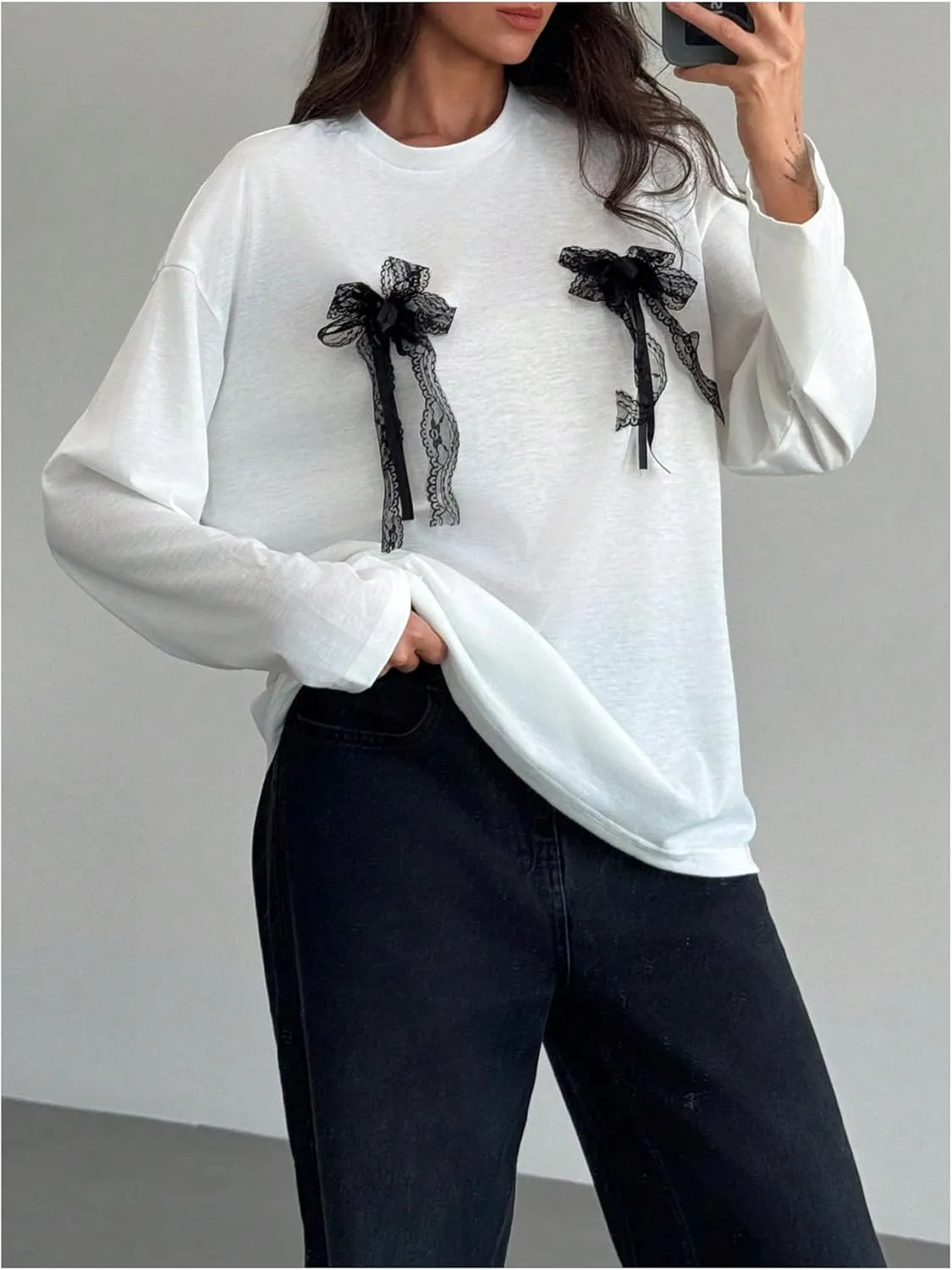 Women's Bow Decor Crewneck T Shirts Long Sleeve Drop Shoulder Oversized Tee Tops