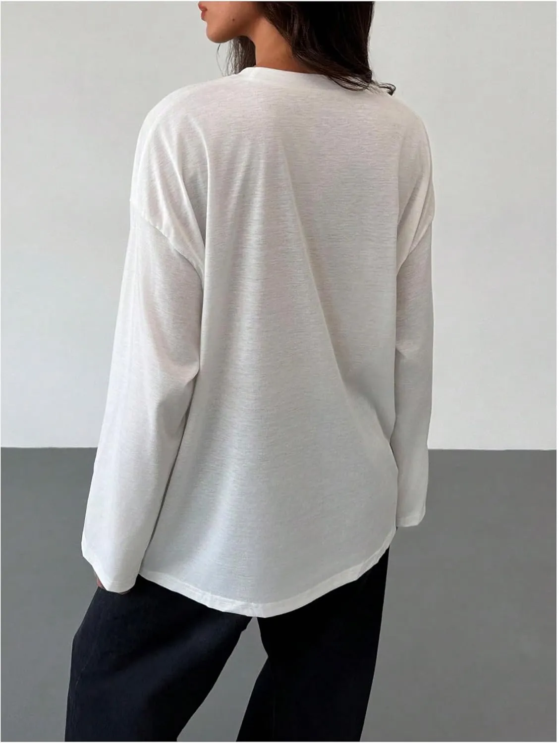 Women's Bow Decor Crewneck T Shirts Long Sleeve Drop Shoulder Oversized Tee Tops
