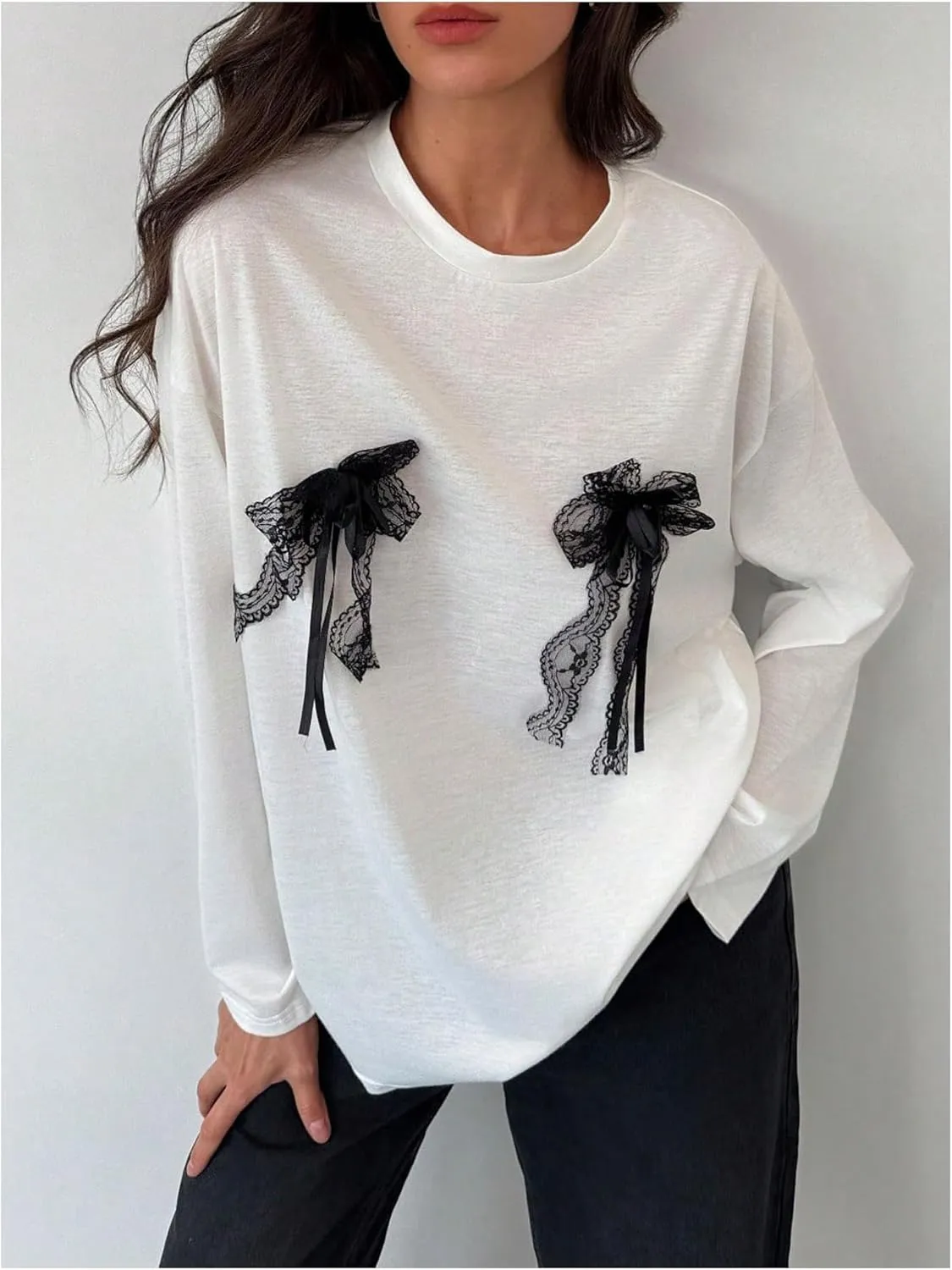 Women's Bow Decor Crewneck T Shirts Long Sleeve Drop Shoulder Oversized Tee Tops