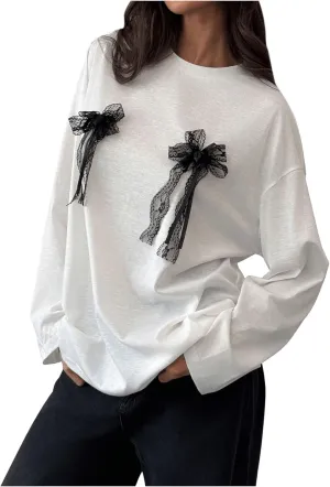 Women's Bow Decor Crewneck T Shirts Long Sleeve Drop Shoulder Oversized Tee Tops