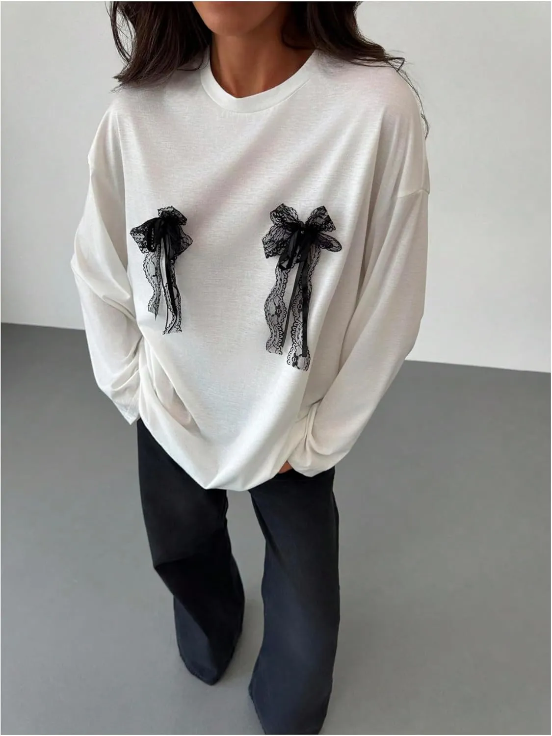 Women's Bow Decor Crewneck T Shirts Long Sleeve Drop Shoulder Oversized Tee Tops