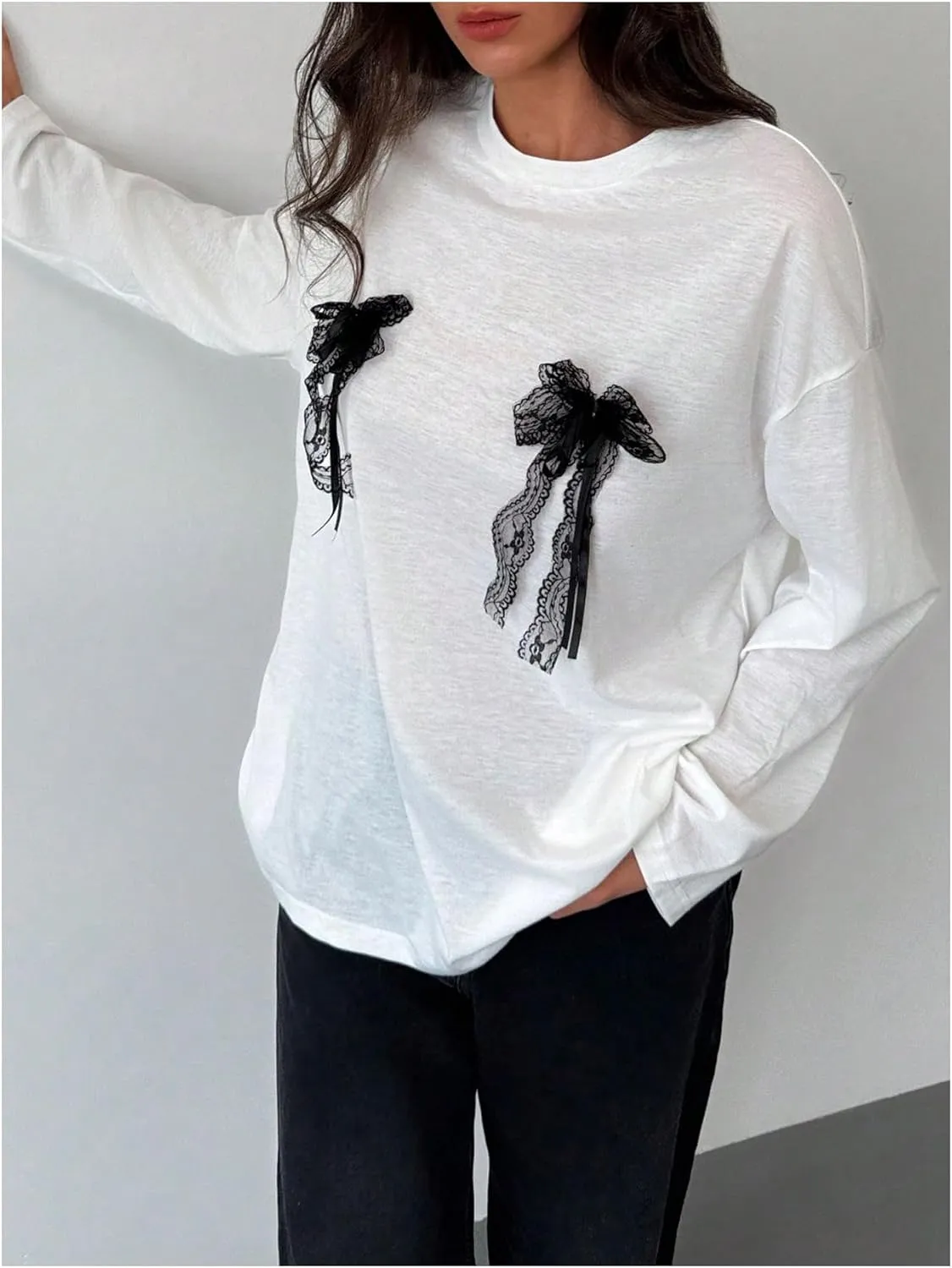 Women's Bow Decor Crewneck T Shirts Long Sleeve Drop Shoulder Oversized Tee Tops