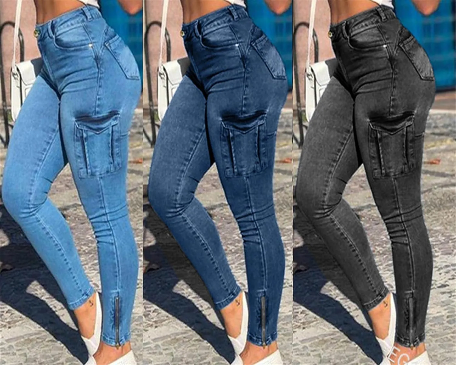Women's Cargo Pants Casual High Waisted Skinny Stretch Trousers Pants with Pockets