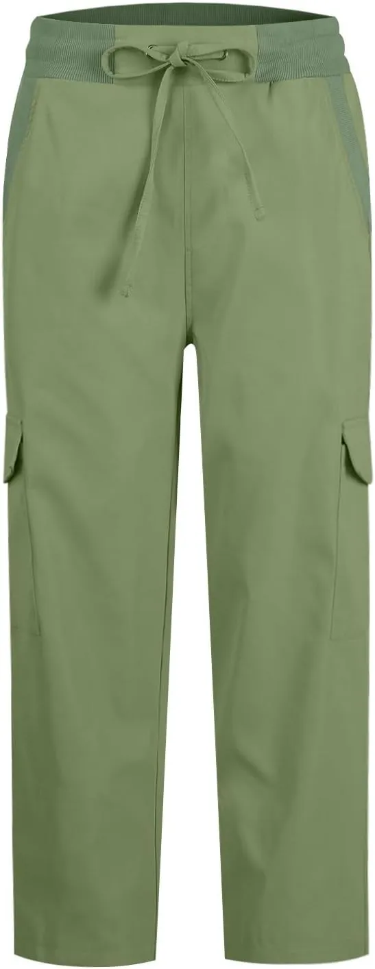 Womens Cargo Pants Casual Loose Hiking Pants Drawstring High Waisted Cropped Pants Trendy Cargo Joggers with Pockets