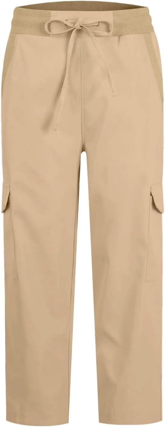 Womens Cargo Pants Casual Loose Hiking Pants Drawstring High Waisted Cropped Pants Trendy Cargo Joggers with Pockets