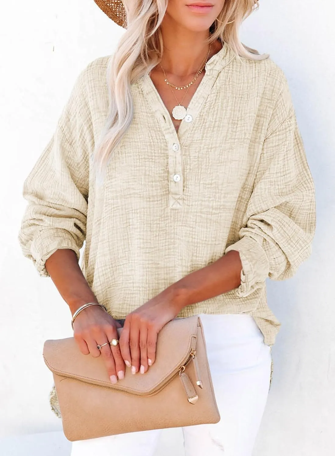 Womens Casual Button V Neck Long Sleeve Shirts Oversized Solid Blouses Tops