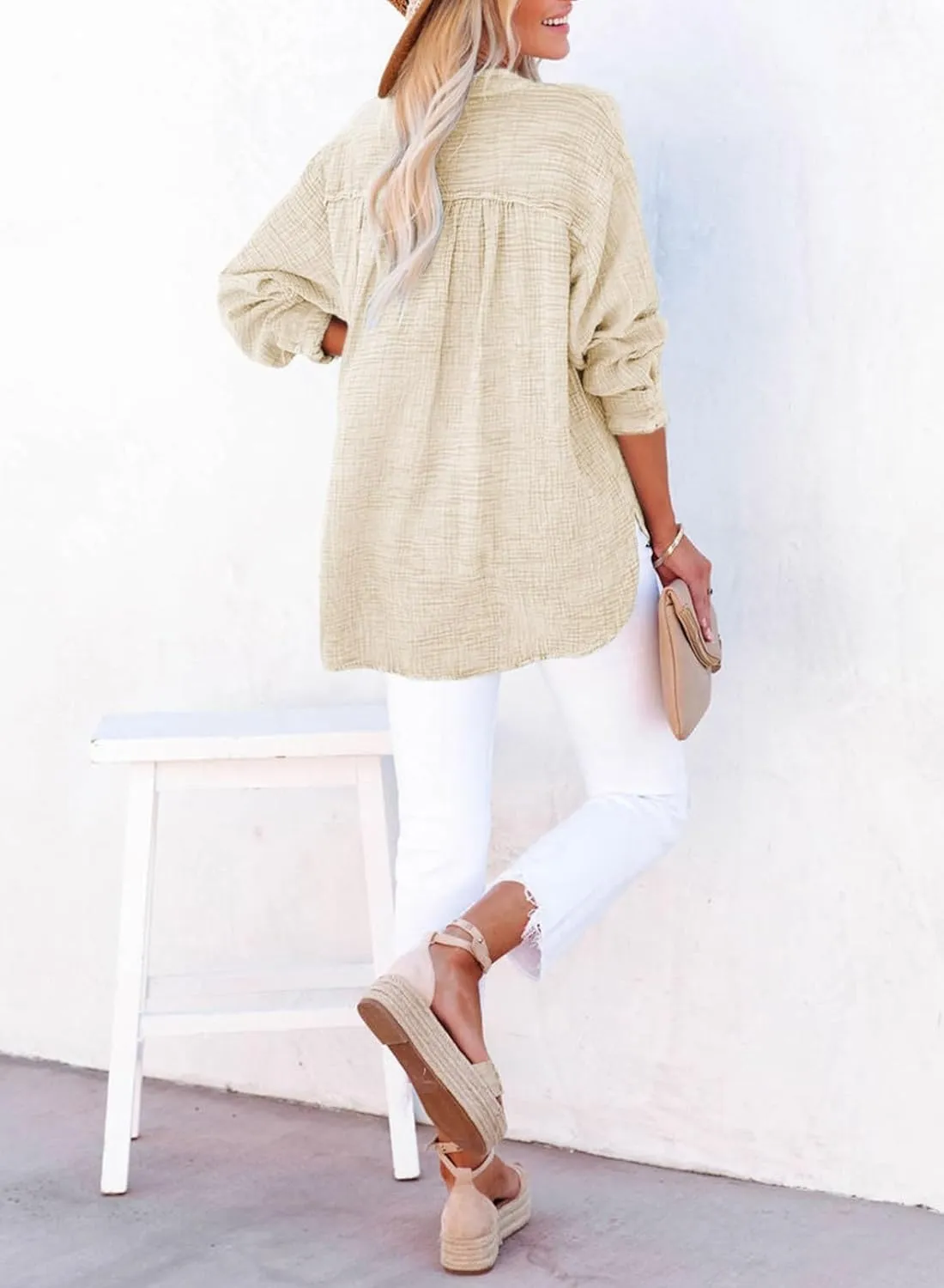Womens Casual Button V Neck Long Sleeve Shirts Oversized Solid Blouses Tops
