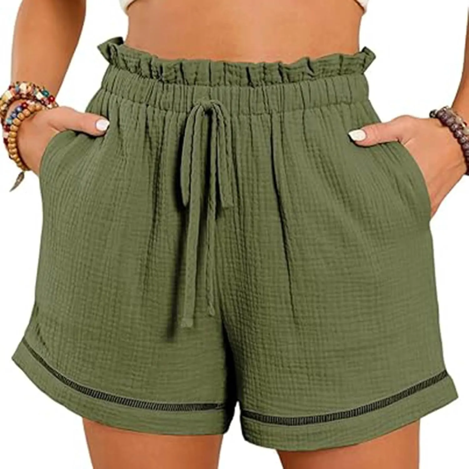 Womens Casual Shorts Elastic High Waisted Wide Leg Shorts 2024 Vacation Resort Beach Cruise Shorts with Pocket Summer