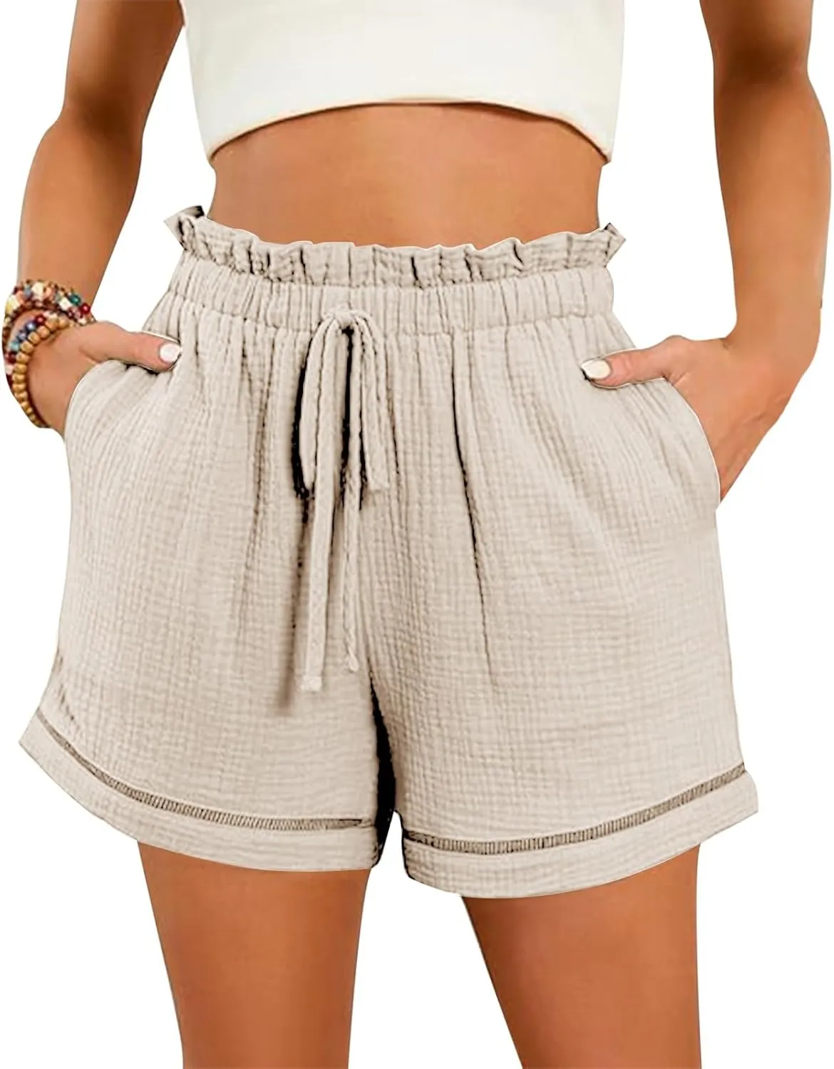 Womens Casual Shorts Elastic High Waisted Wide Leg Shorts 2024 Vacation Resort Beach Cruise Shorts with Pocket Summer