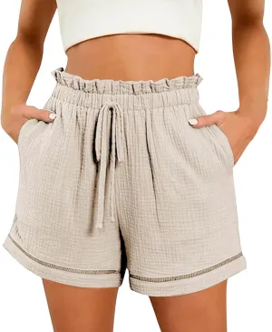 Womens Casual Shorts Elastic High Waisted Wide Leg Shorts 2024 Vacation Resort Beach Cruise Shorts with Pocket Summer