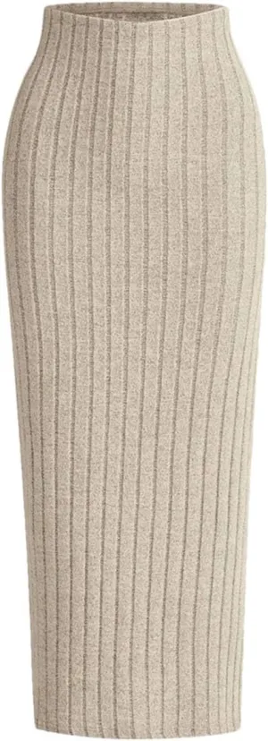 Women's Casual Solid Color Ribbed Knit Pencil Skirt Women Elegant High Waist Slim Fit Long Skirt