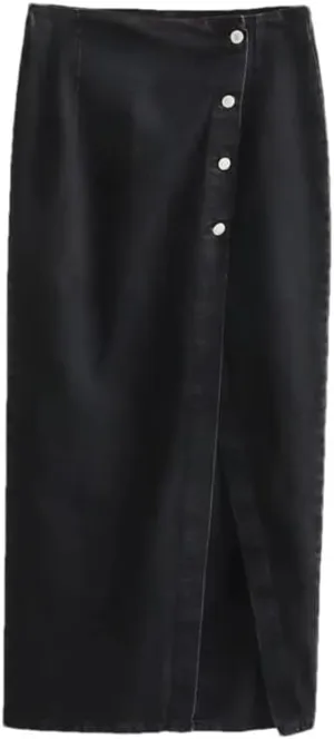 Women's Casual Summer Elegant Denim Midi Skirts Button Front with Side Slit