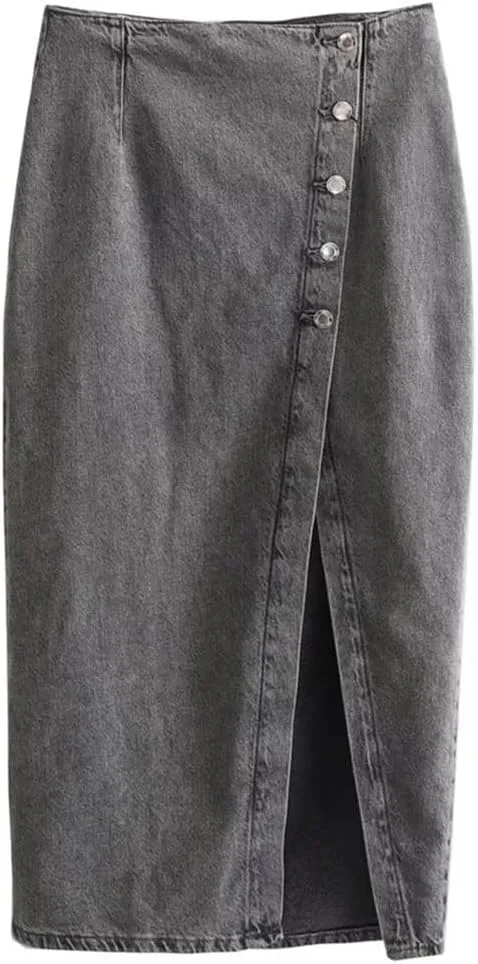 Women's Casual Summer Elegant Denim Midi Skirts Button Front with Side Slit
