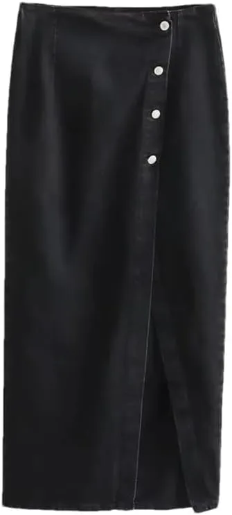 Women's Casual Summer Elegant Denim Midi Skirts Button Front with Side Slit