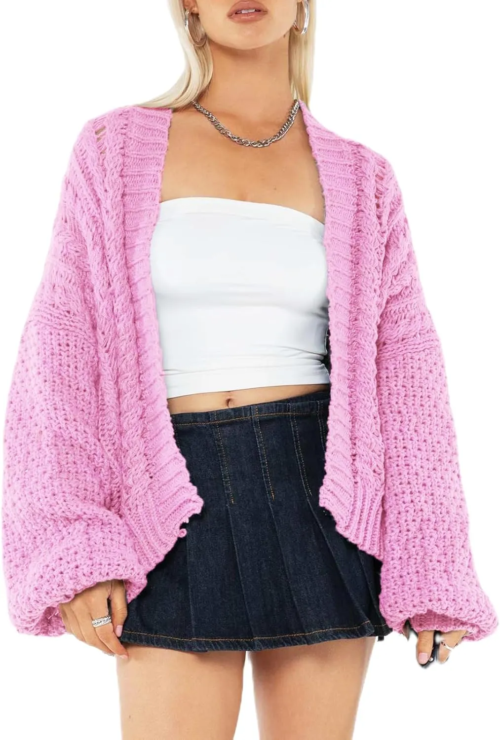 Womens Chunky Cardigan Lantern Sleeve Open Front Sweaters Loose Cable Knit Oversized Cardigans Outwear Coats