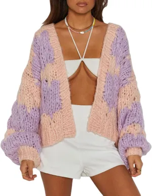 Womens Chunky Cardigan Lantern Sleeve Open Front Sweaters Loose Cable Knit Oversized Cardigans Outwear Coats