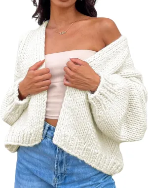 Womens Chunky Cardigan Lantern Sleeve Open Front Sweaters Loose Cable Knit Oversized Cardigans Outwear Coats